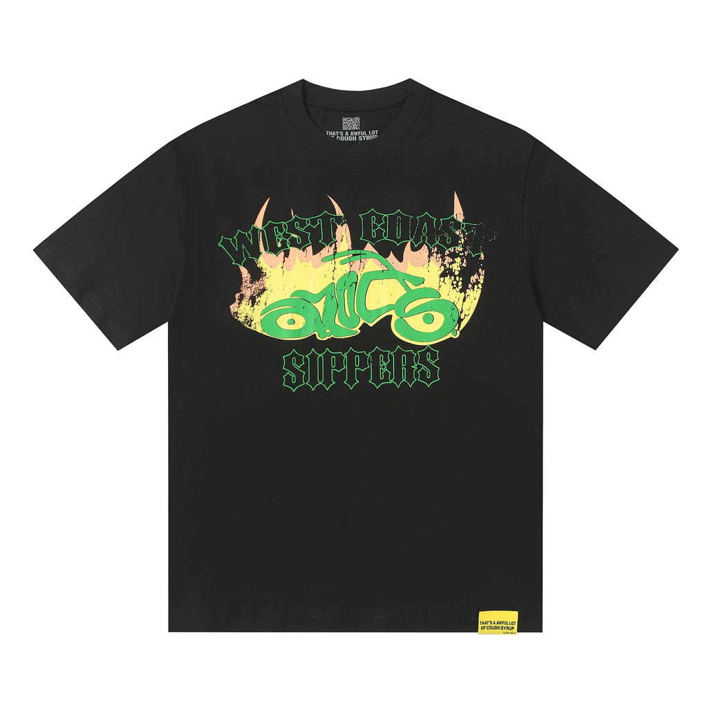THATS A AWFUL LOT OF COUPH SYRUP Motorcycle Flame Graphic Oversized Black Tee